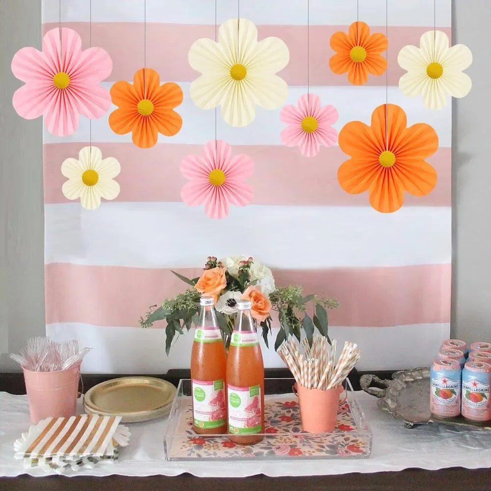 9PCS Paper Flower Decorations Pink Orange Wall Fans Party Baby Shower Backdrop